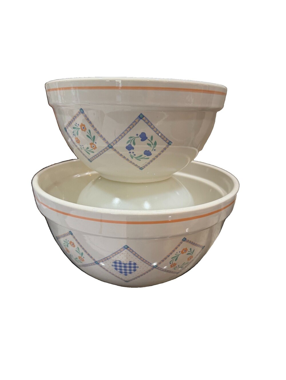 Auntie Em Set of 2 Mixing Bowls 10" 6” Patchwork Heart Pattern Treasure Craft